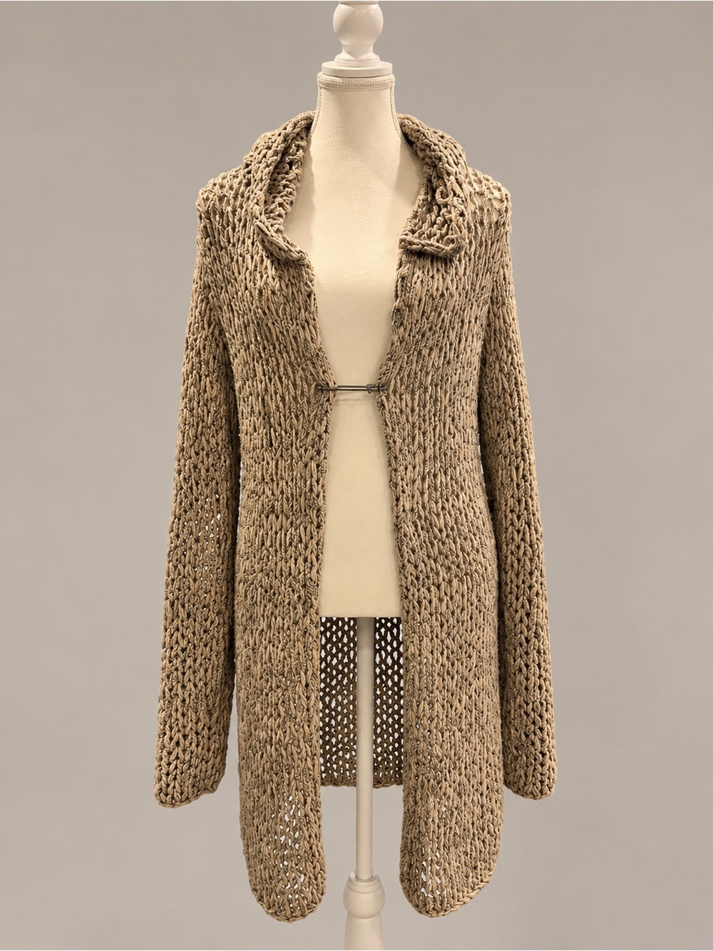 White + Warren Cotton Blend Open Knit Duster Cardigan Sweater Clasp Medium